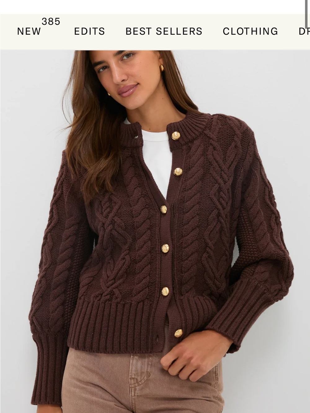 Tuckernuck Collette Classic Cable Knit Cardigan Sweater - Chocolate Brown xs